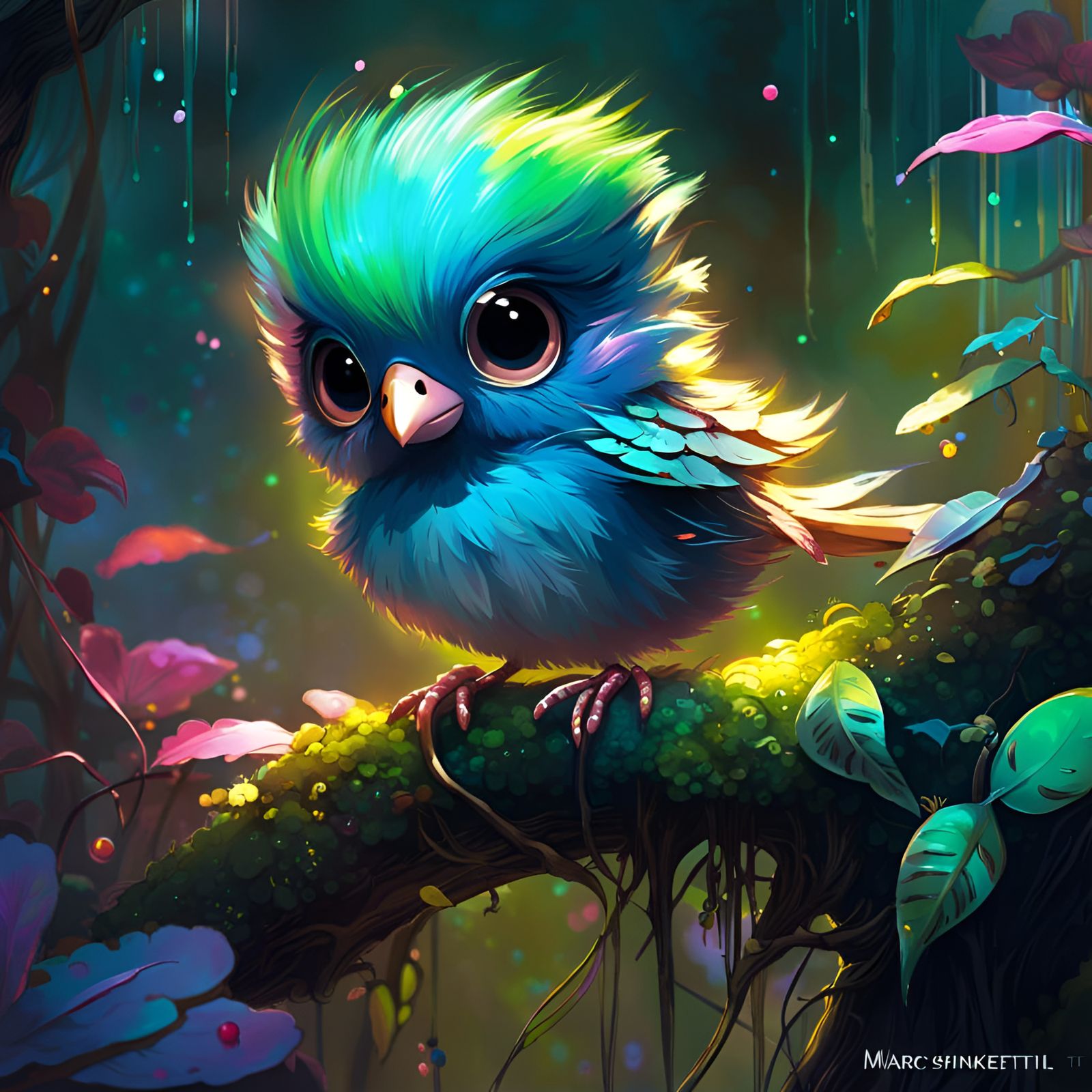 Chibi Quetzal in Bioluminescent Enchanted Garden