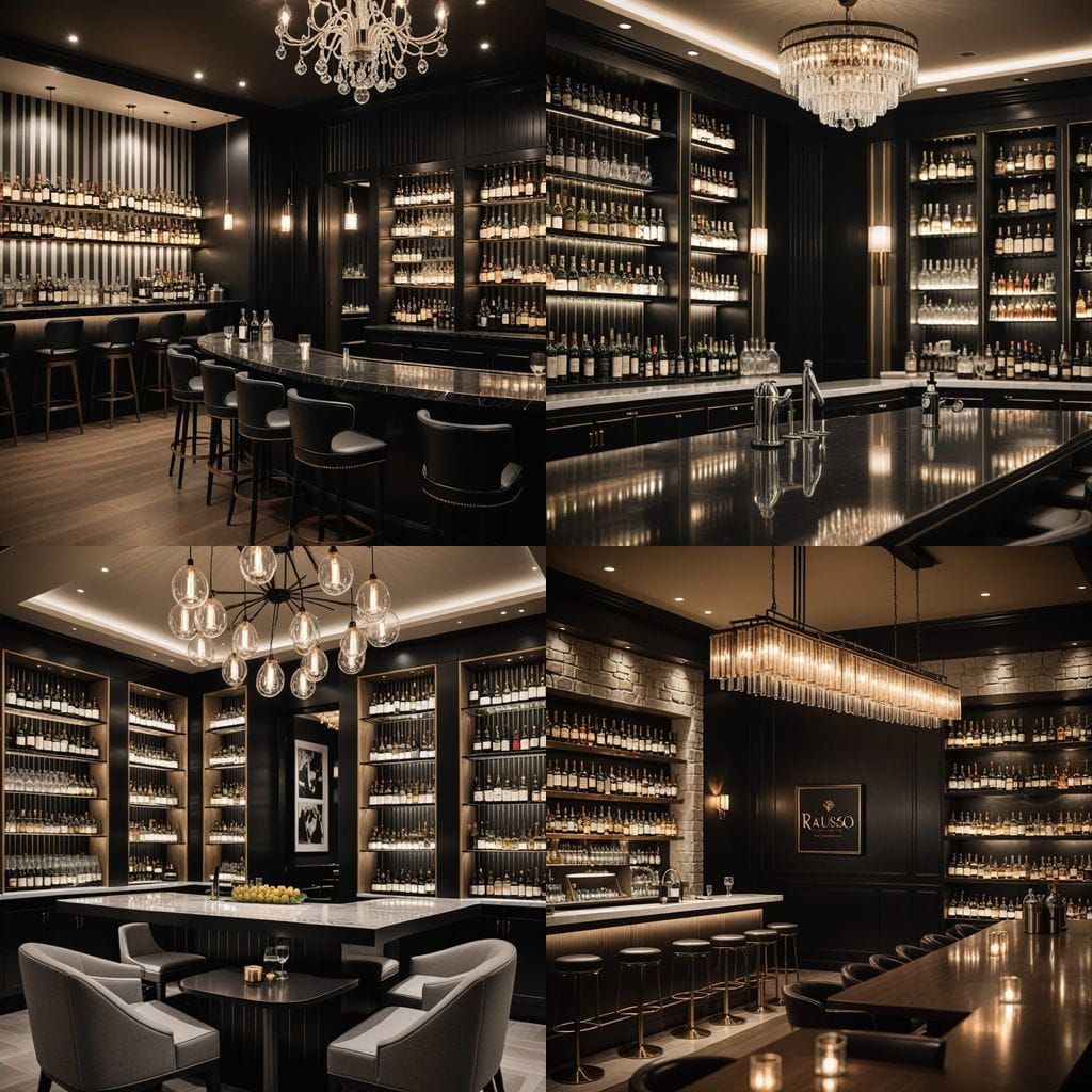 Modern Restaurant Interior with Striped Walls and Sleek Bar