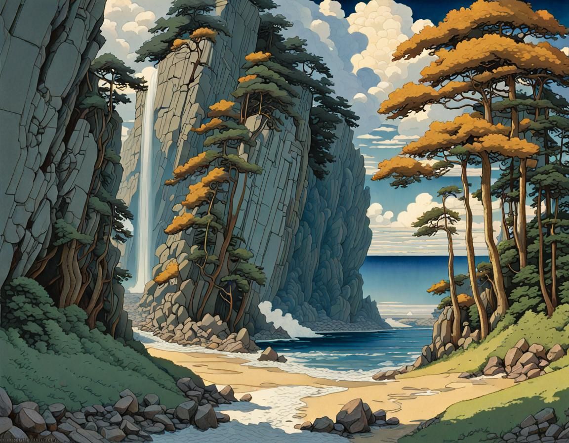 Coastal Landscape in Japanese Woodblock Style