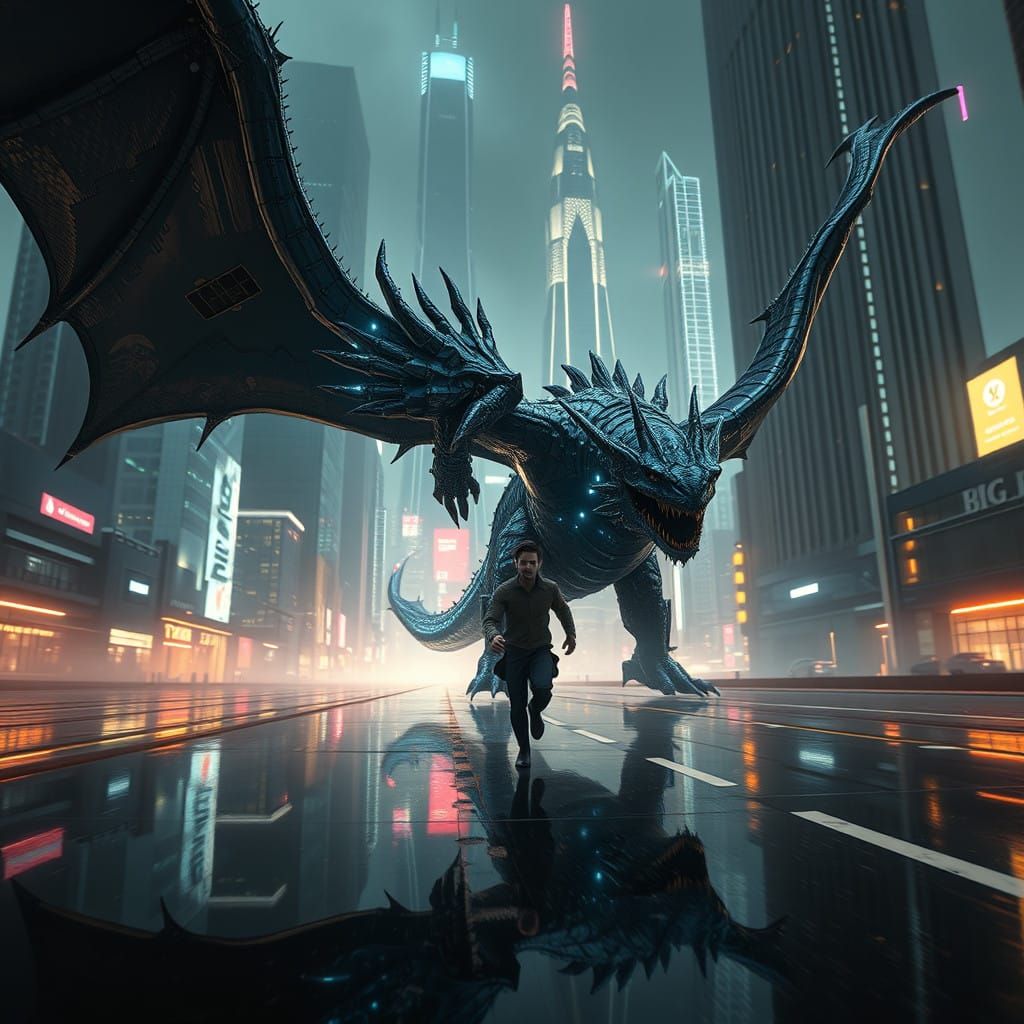 Epic Futuristic Chase Scene: Dragon Pursues Human Through Ne...