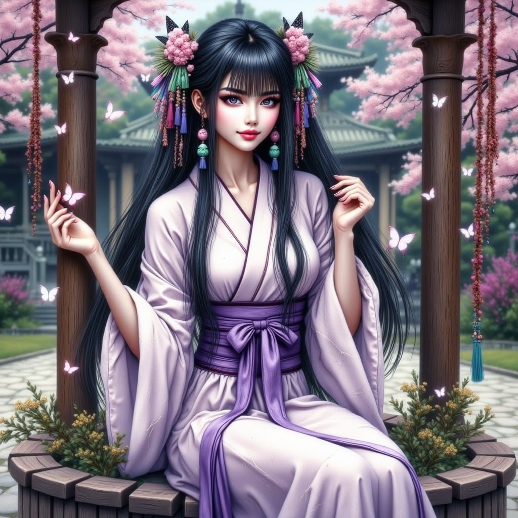 Anime Woman with Butterflies in Dreamy Setting