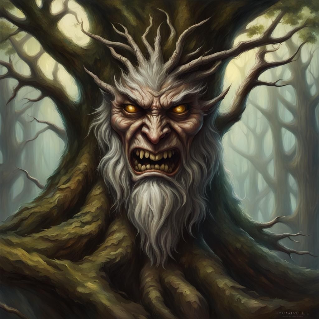 Vengeful Tree Spirit in Realistic Oil Painting Style