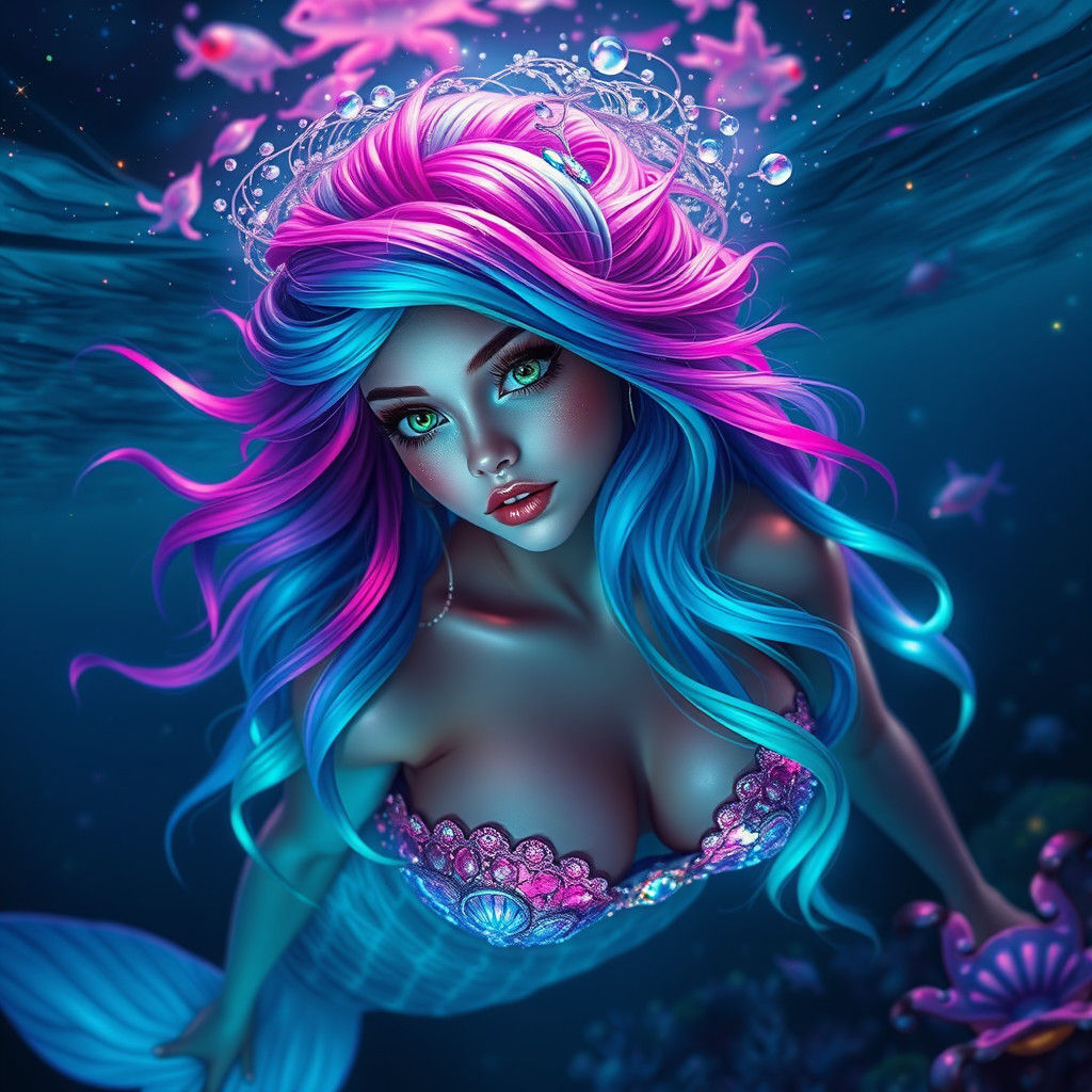 Ethereal Mermaid in Bioluminescent Ocean, Digital Matte Pain...