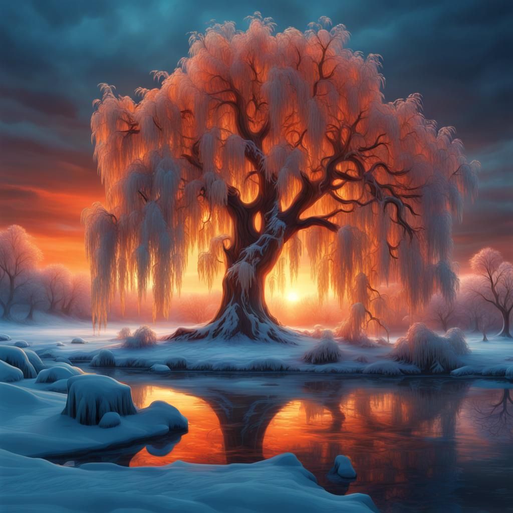 Magical Glowing Willow Tree in Icy Landscape