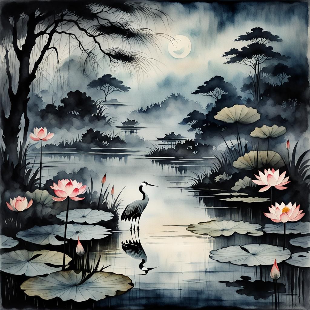 Night Lotus Pond with Crane: Vintage Watercolor Landscape