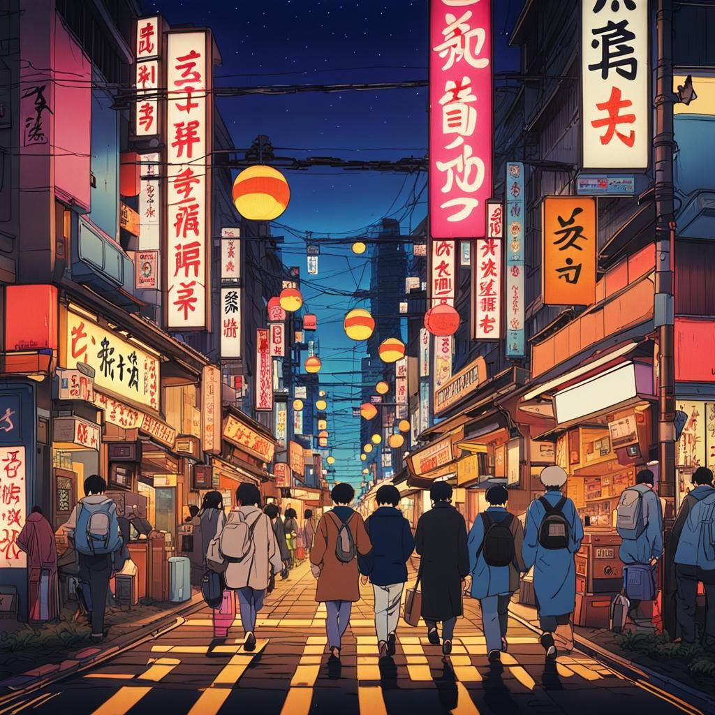 Tokyo Street Scene at Night in Anime Style