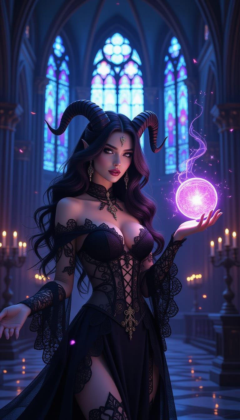 Sorceress Casting Spell in Gothic Cathedral