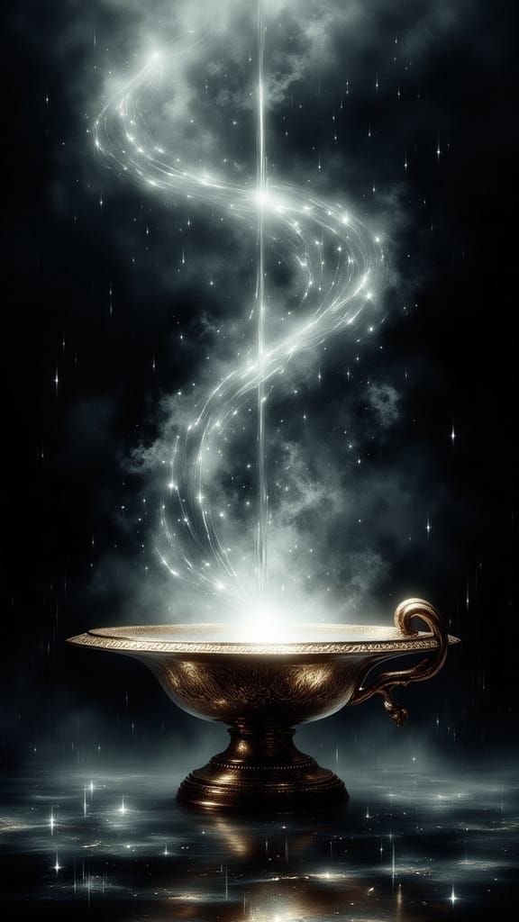 Mystical Genie Emerge from Antique Lamp in Smoky Blackness