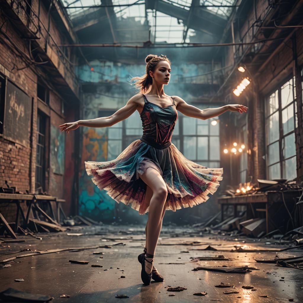Ballerina in Apocalyptic Setting, Detailed 2D Art
