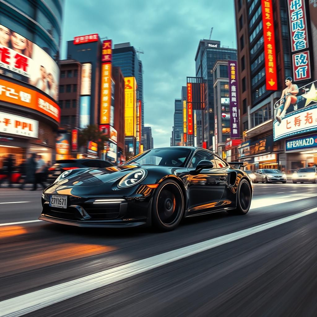 Porsche Speeding Through Seoul at Dusk, Long Exposure