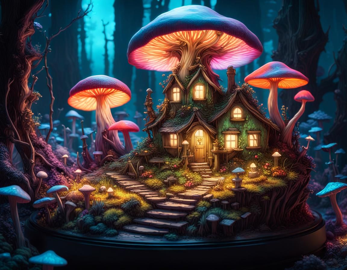 Glowing Wonderland with Faery Houses and Bioluminescent Mush...