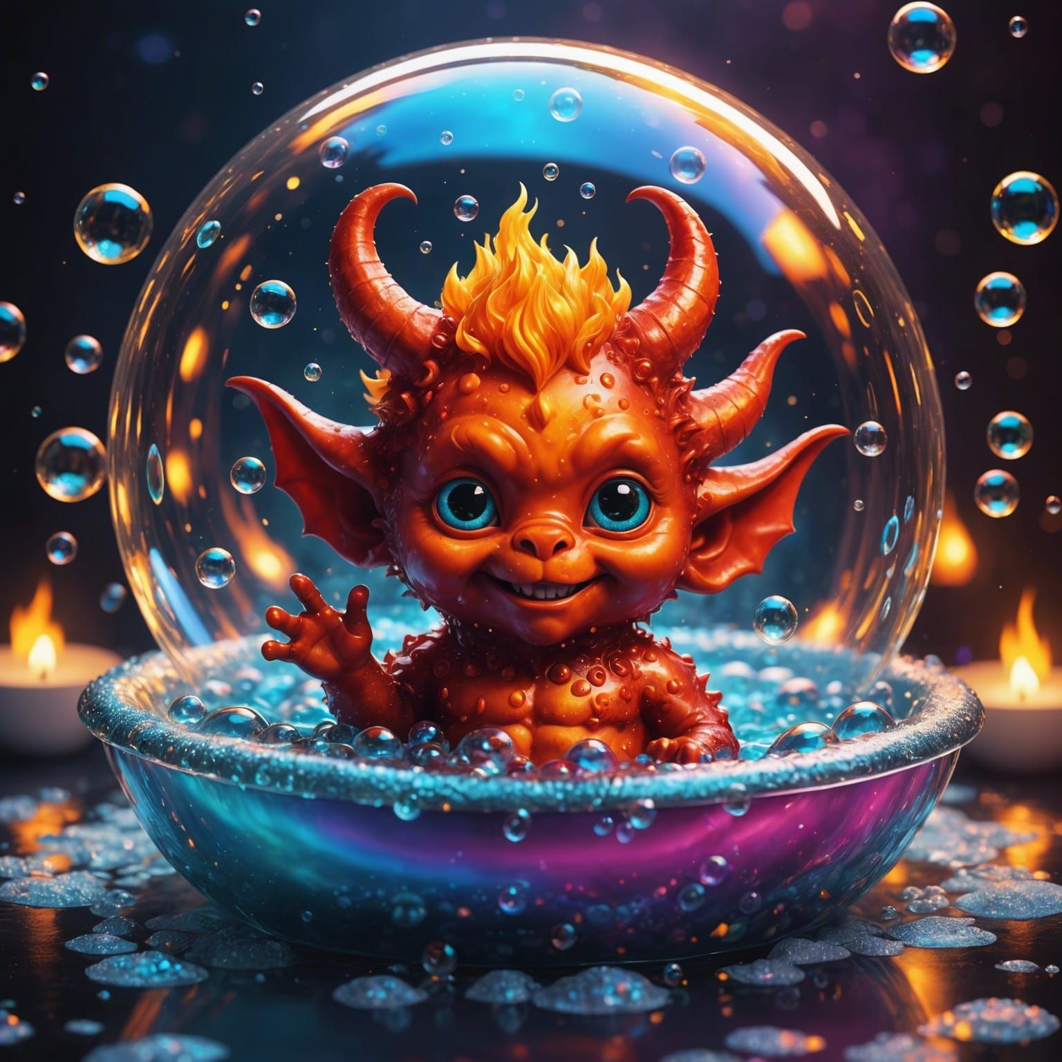 Cute Fire Devil in Bubble Bath: Cosmic Illustration