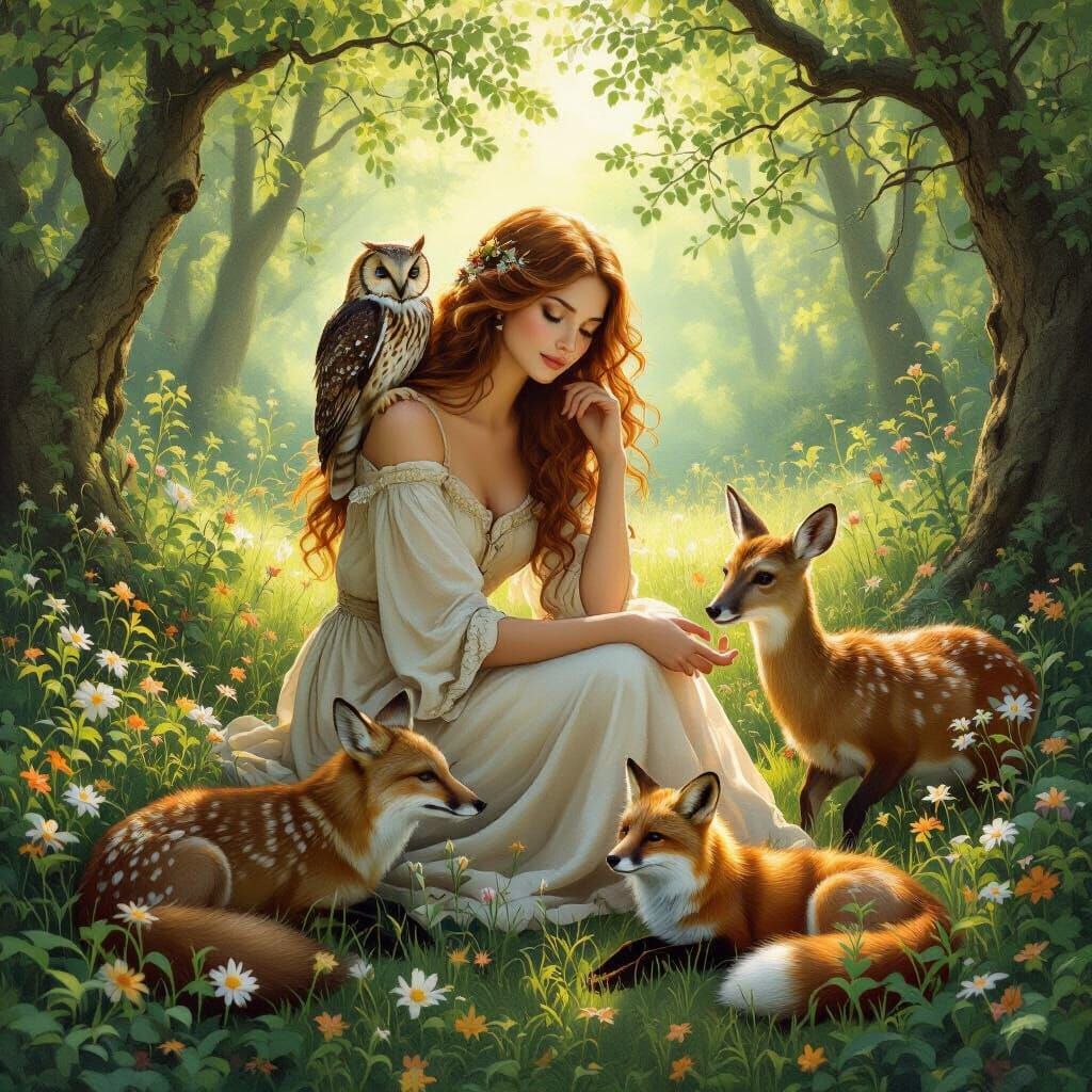 Woman Finds Serenity With Animals in Sunlit Woodland
