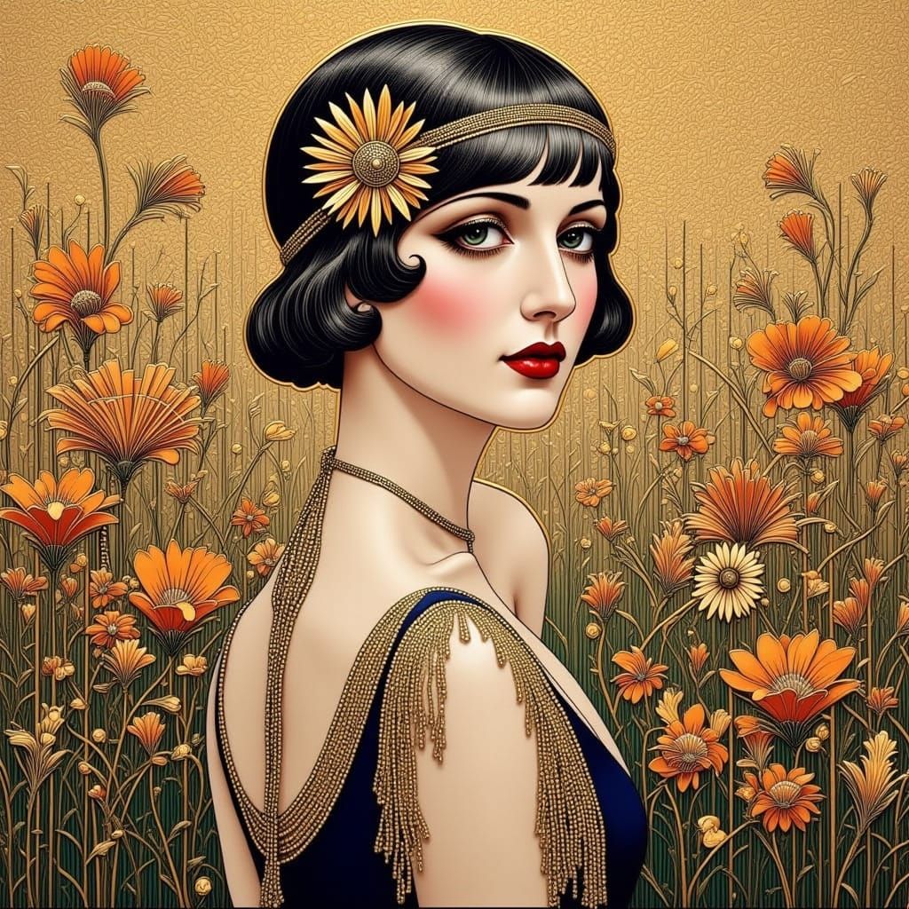 Flapper in Flower Field, in Style of Klimt