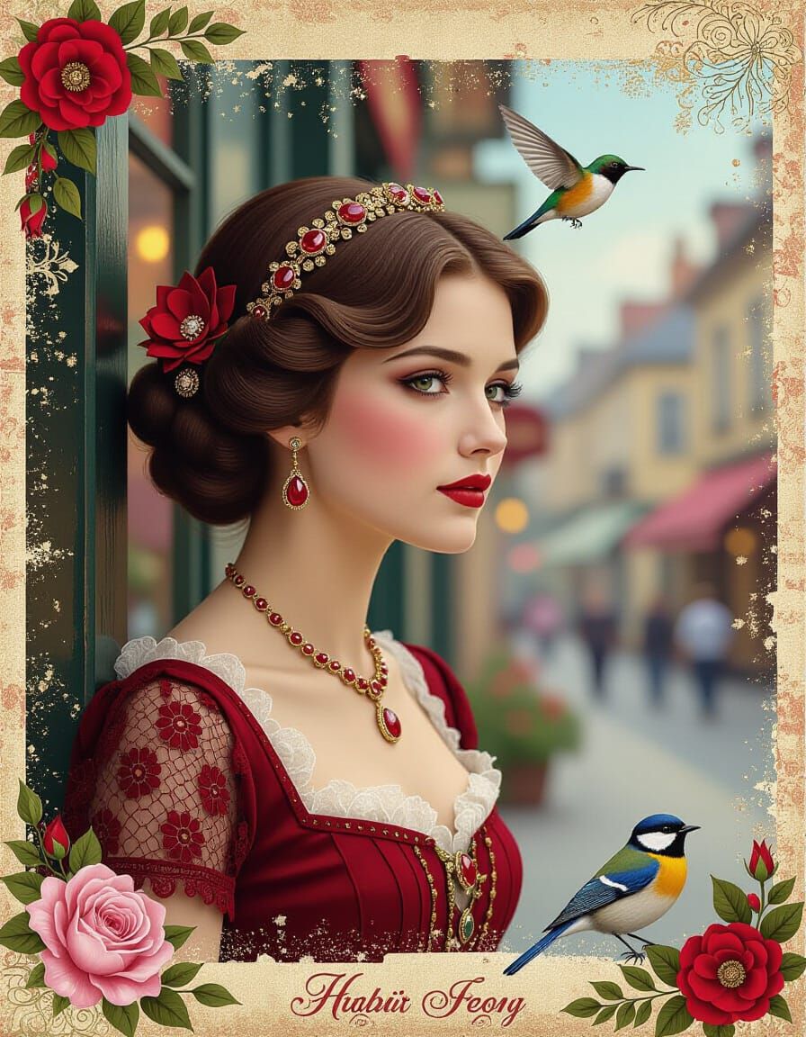 Cameo Woman with Rubies on Red Lace Collage