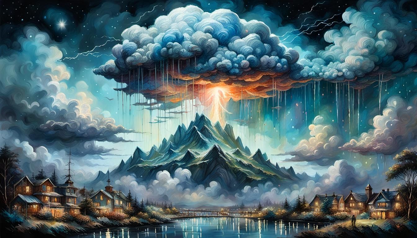 Alien Avatar in Night Cloudscape, Detailed Matte Art