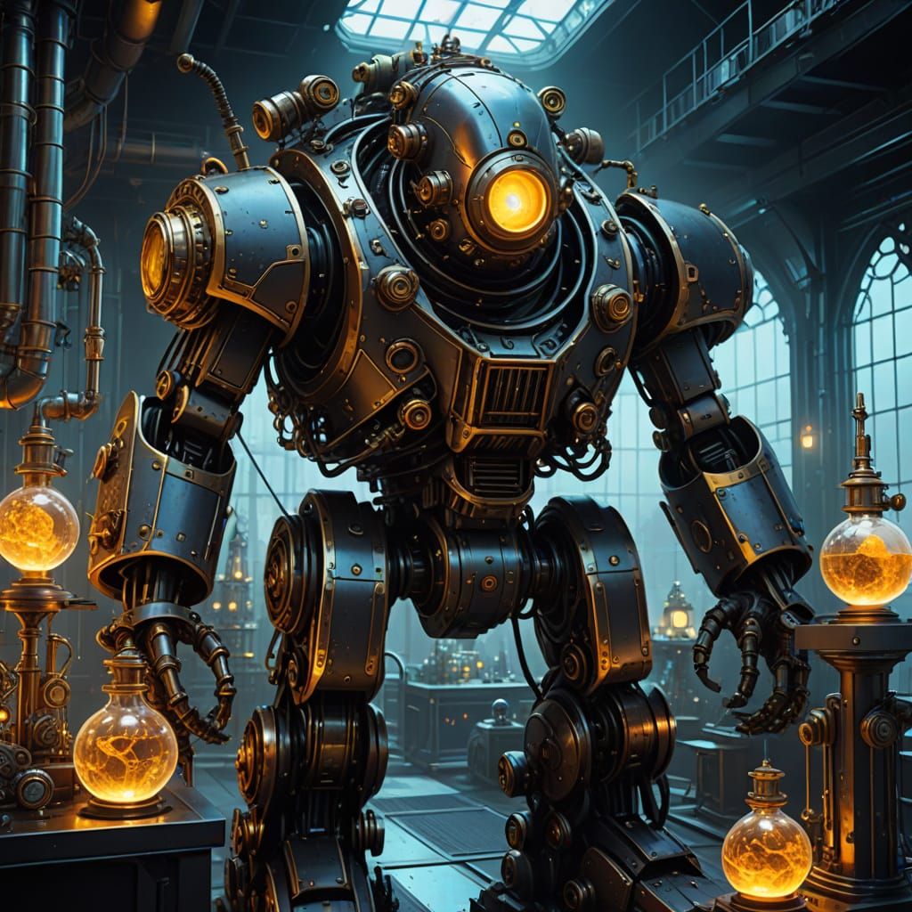 Goth Steampunk Golem in Solarpunk Laboratory: Digital Art
