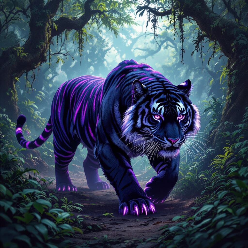 Glowing Black Tiger in Mystical Jungle Fantasy Art