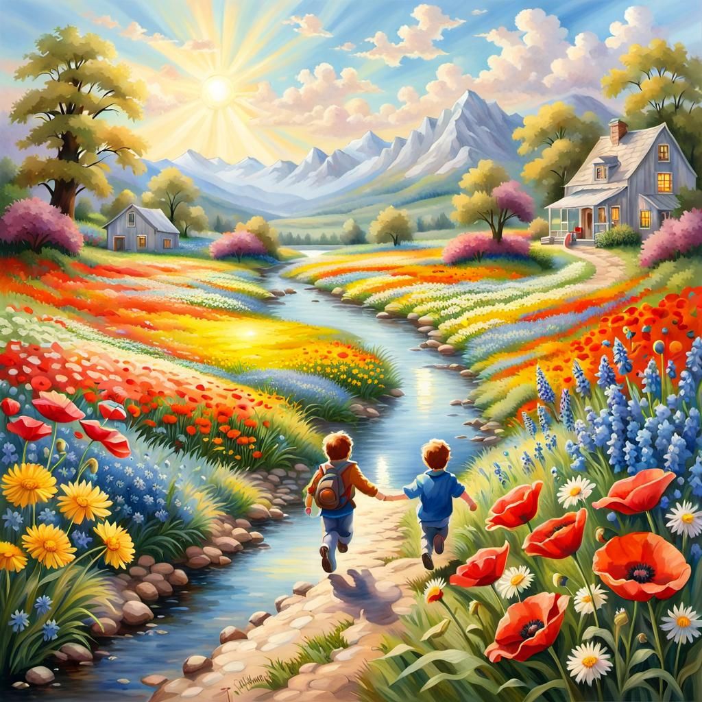 Boy and Puppy in Texas Wildflower Field