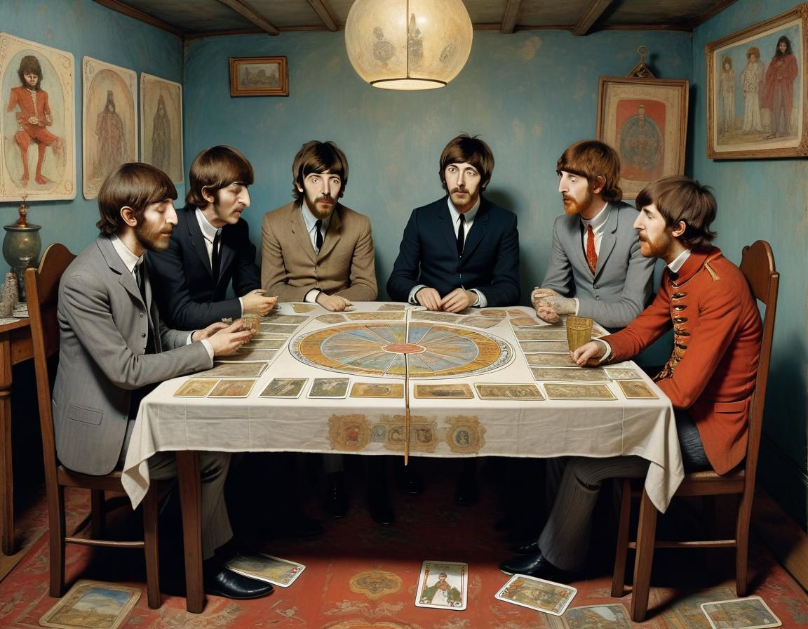 The Beatles around a table in a tarot-card session