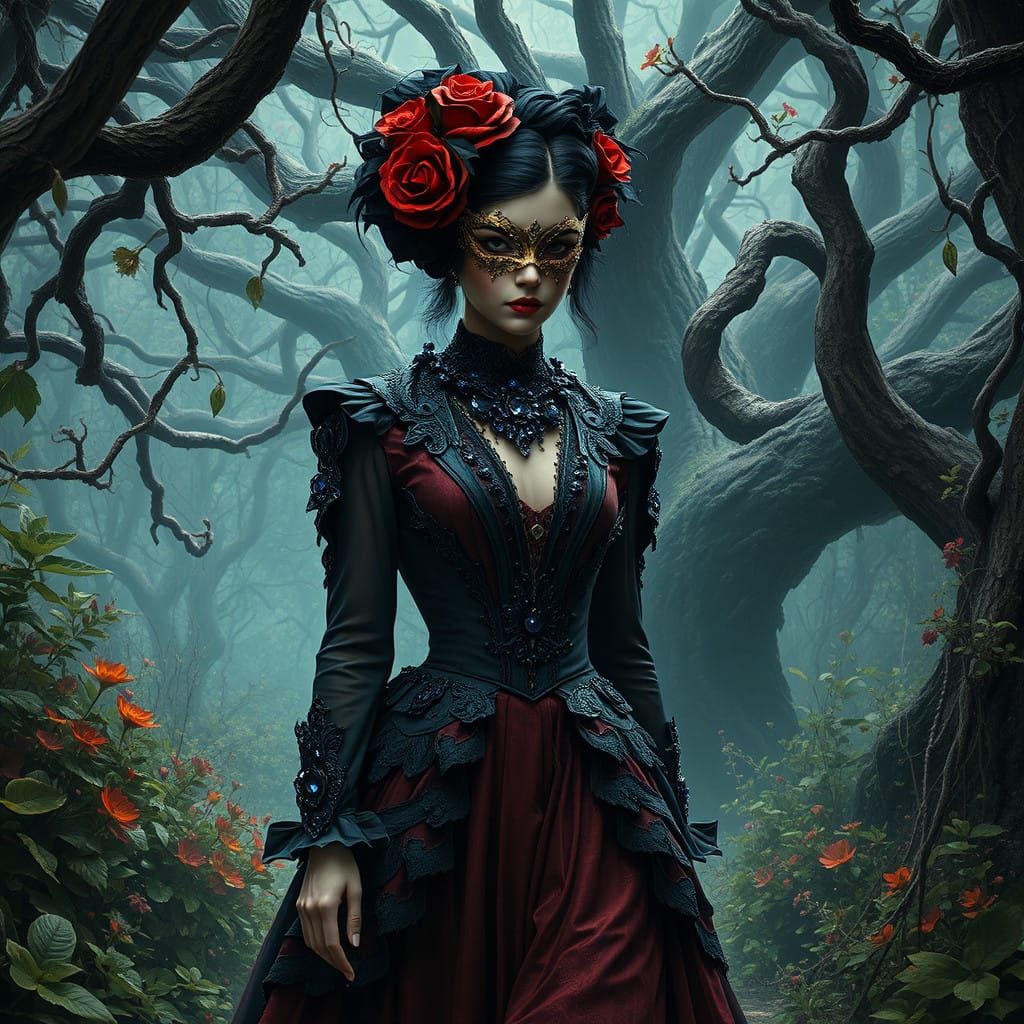 Mysterious Victorian Lady Walks Alone in Dark Fantasy Garden