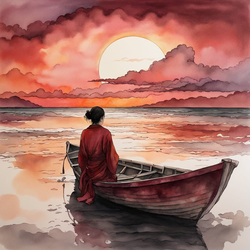 Lady in Boat Contemplates Sunrise on Beach