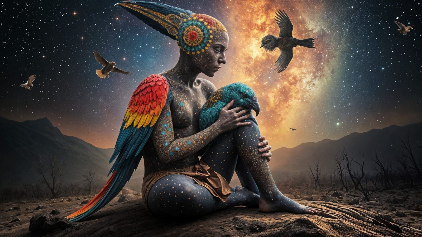 Cosmic Shaman and Celestial Bird in Surreal Fantasy Art