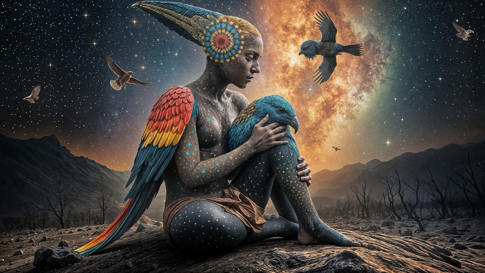 Celestial Shaman with Colorful Bird in Cosmic Forest