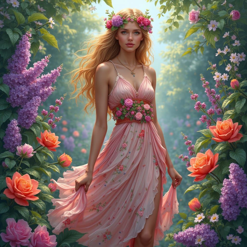 Ethereal Floral Goddess in Vibrant Garden