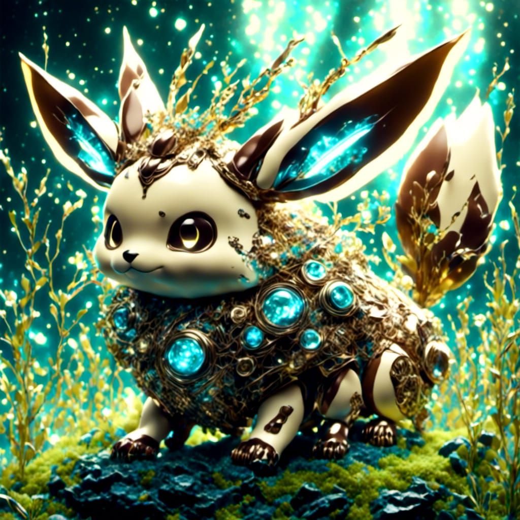 Mechanical Eevee Roaming Cyberpunk Landscape