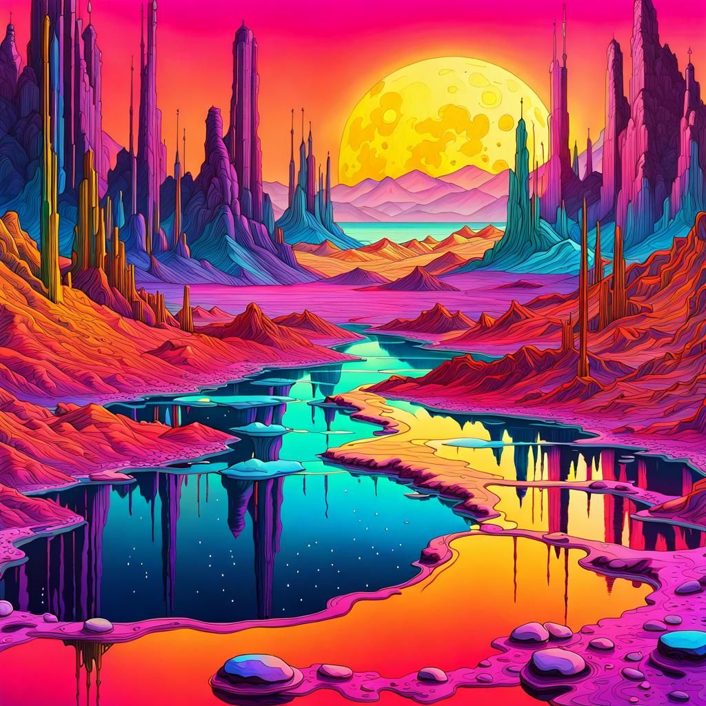 Acidic Pools on Venus in Neon Retro Style