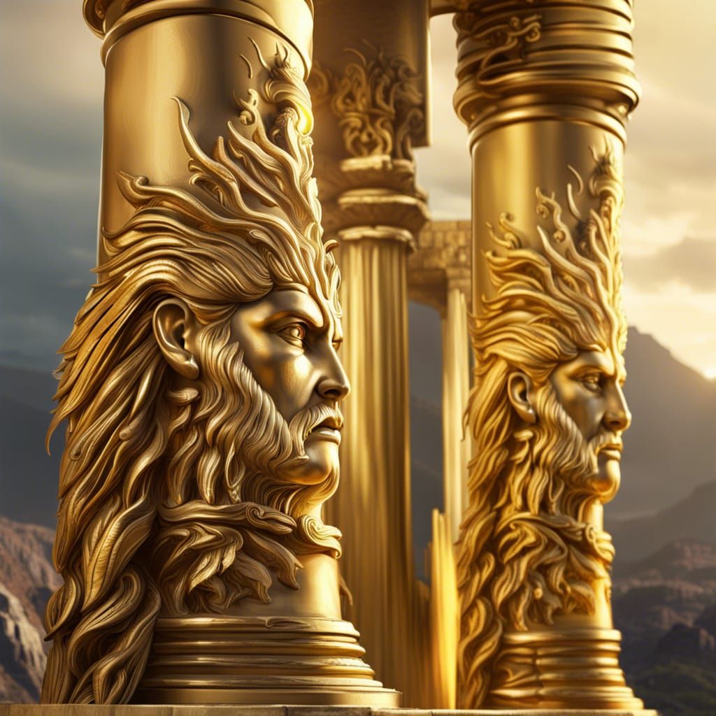 Hyperrealistic Gold Columns in Ancient Temple