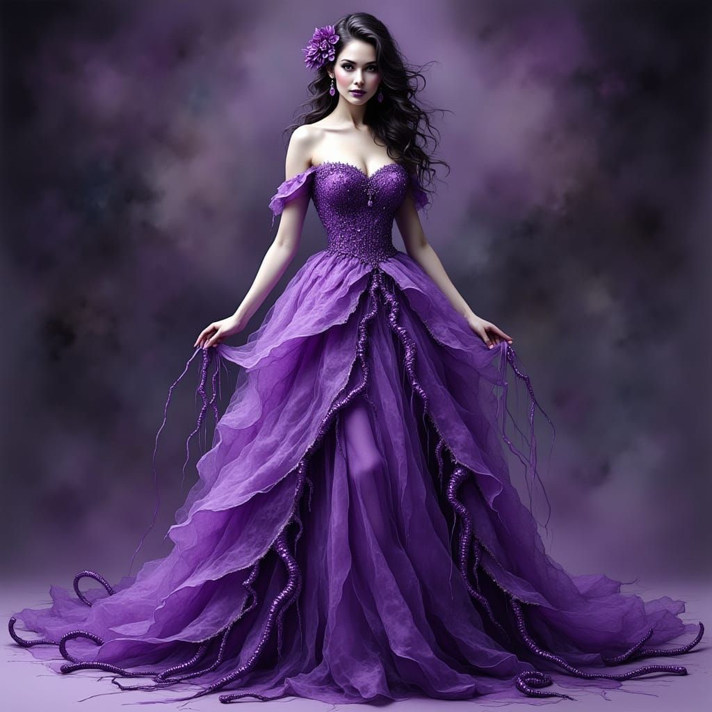 Woman in Purple Gown with Tentacle Skirt