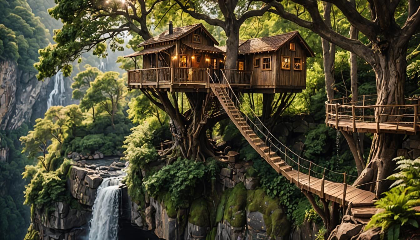 Elegant Treehouse Overlooking Waterfall in Natural Light
