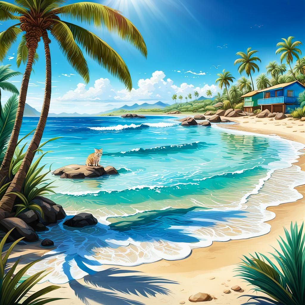 Cute Cat on Tropical Beach in Anime Style