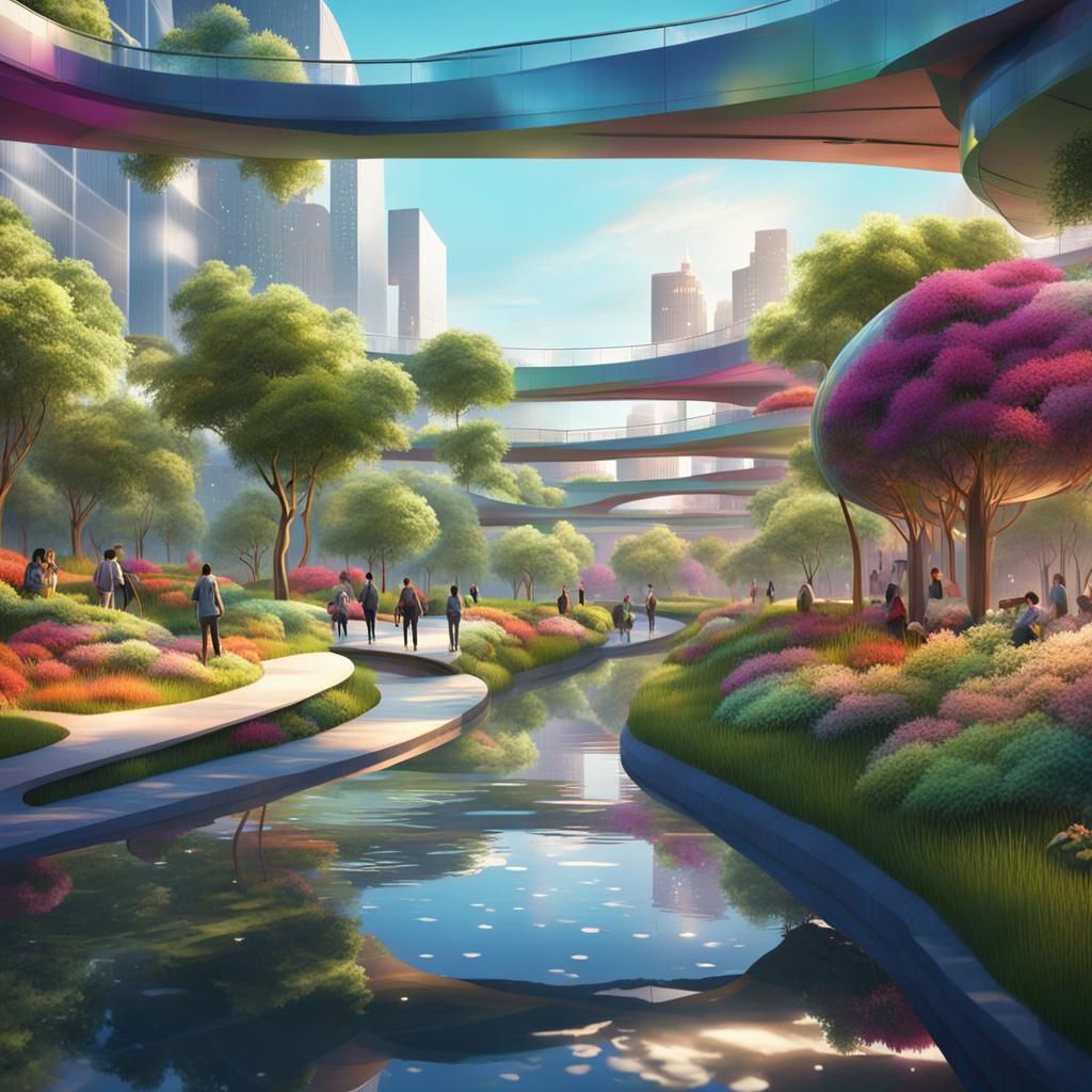 Modern Urban Park with Interactive Sculptures