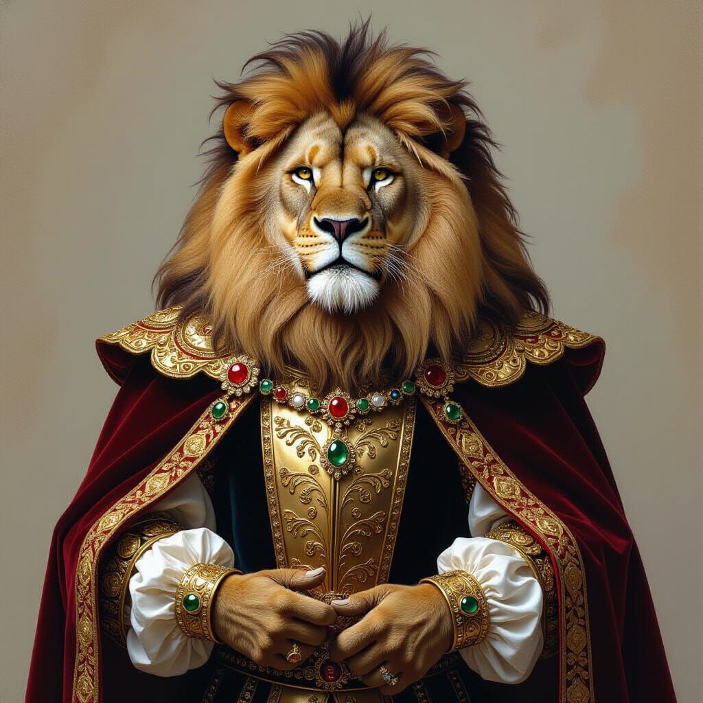 Regal Lion in Ornate Medieval Attire
