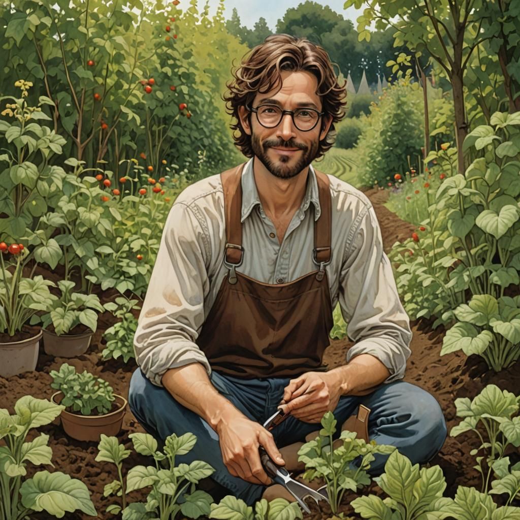 Dreaming Man in Garden, Modern Fantasy Style