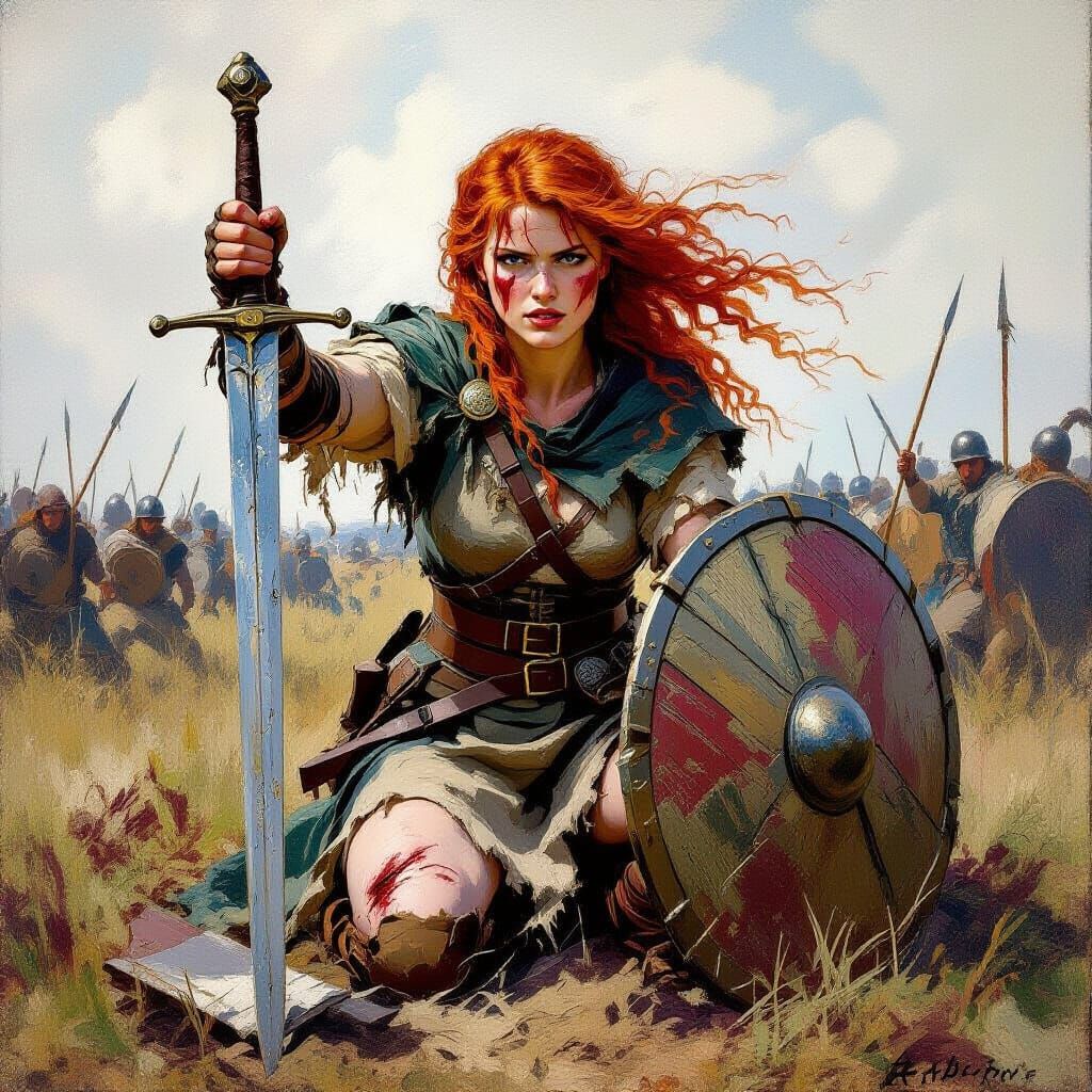 Redhead Shieldmaiden Defiant on Battlefield in Impressionist...