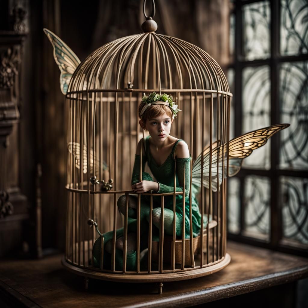 Wood Fairy Pixie in Birdcage: Art Nouveau