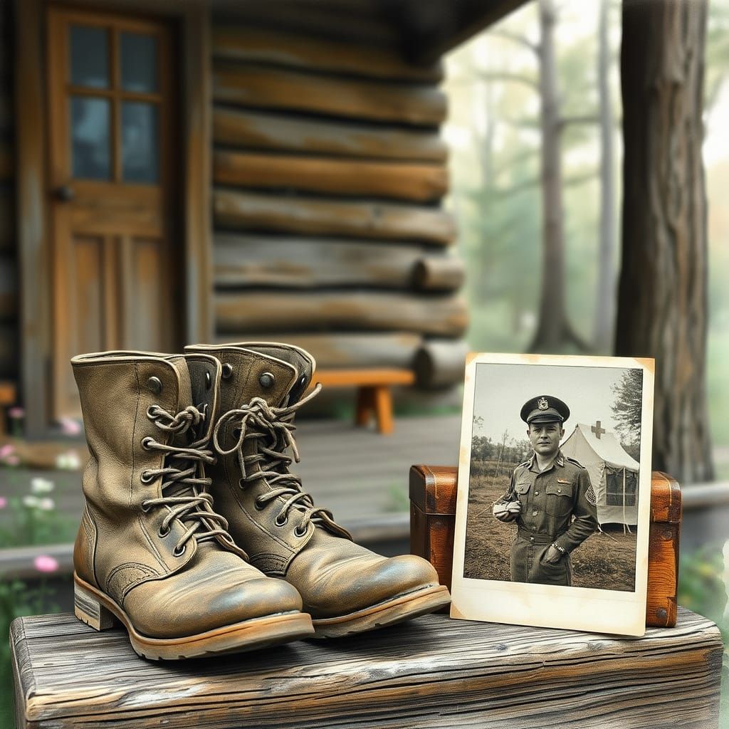 Whimsical Forest Cabin with Vintage Army Boots and Polaroid