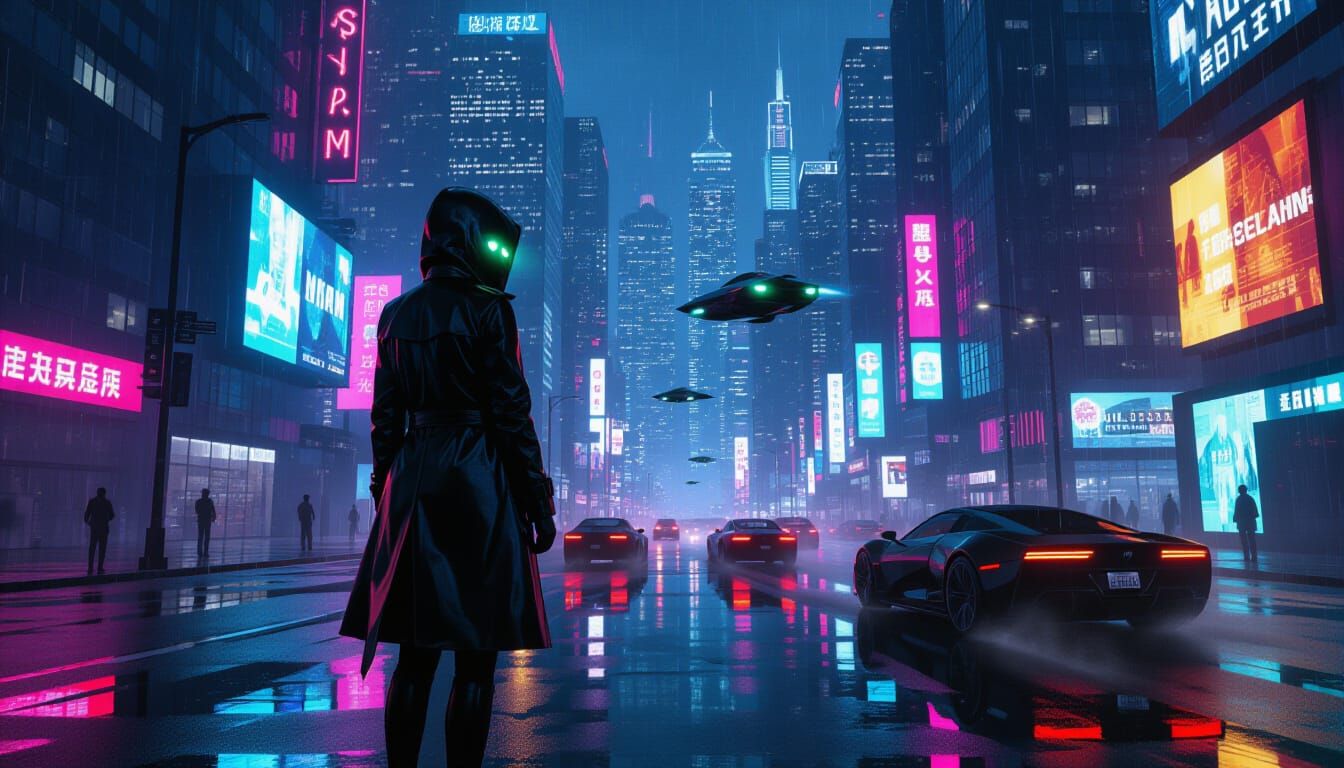 Cyberpunk Woman on Rainy Street in Futuristic City