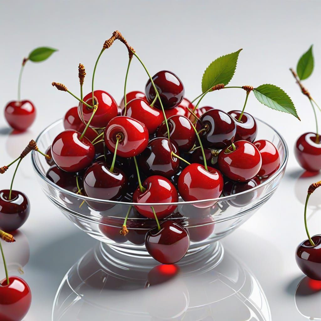 " رسم كرز في طبق الطبق أبيض زجاجي شفاف لامع الخلفية بيضاء"