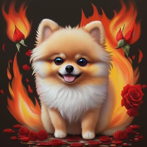 Colorful Pomeranian with Roses and Fire