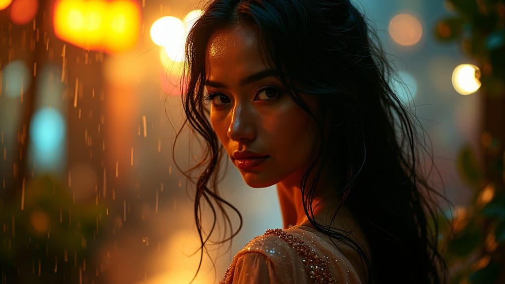Elegant Woman in Rainy Night, Cyberpunk Aesthetic