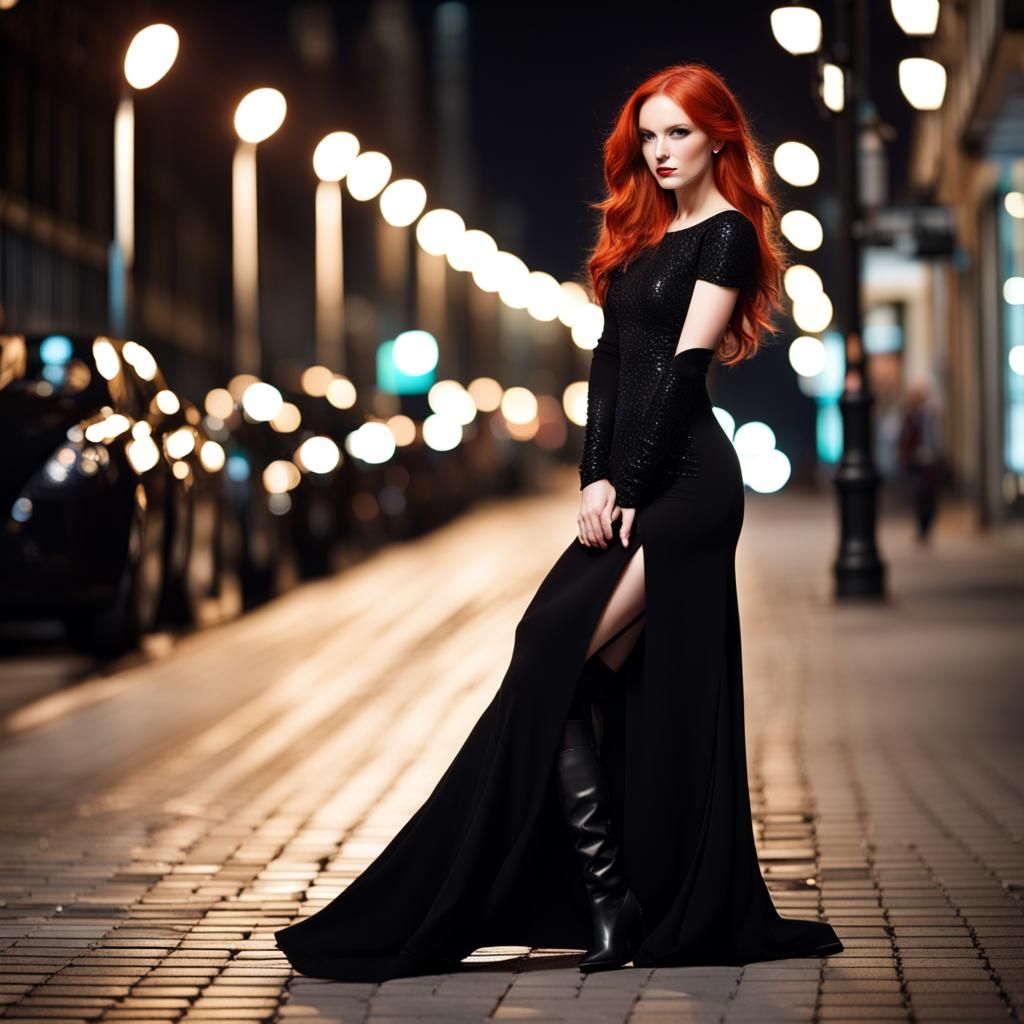 Elegant Redhead in Black Gown on City Sidewalk