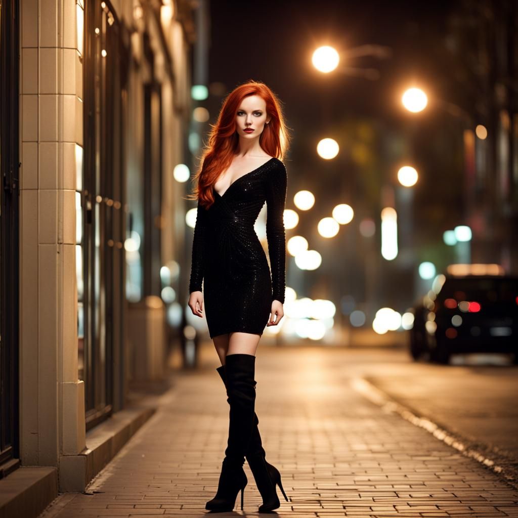 Elegant Redhead in Black Gown on City Sidewalk