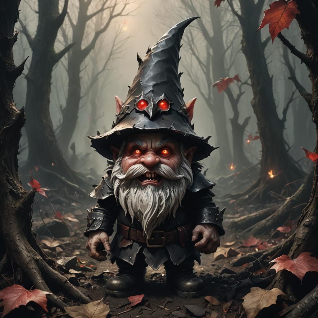 A hyperrealistic 4k chibi style image of a small, monstrous, evil gnome coming out of a cave. The gnome has long sharp t...