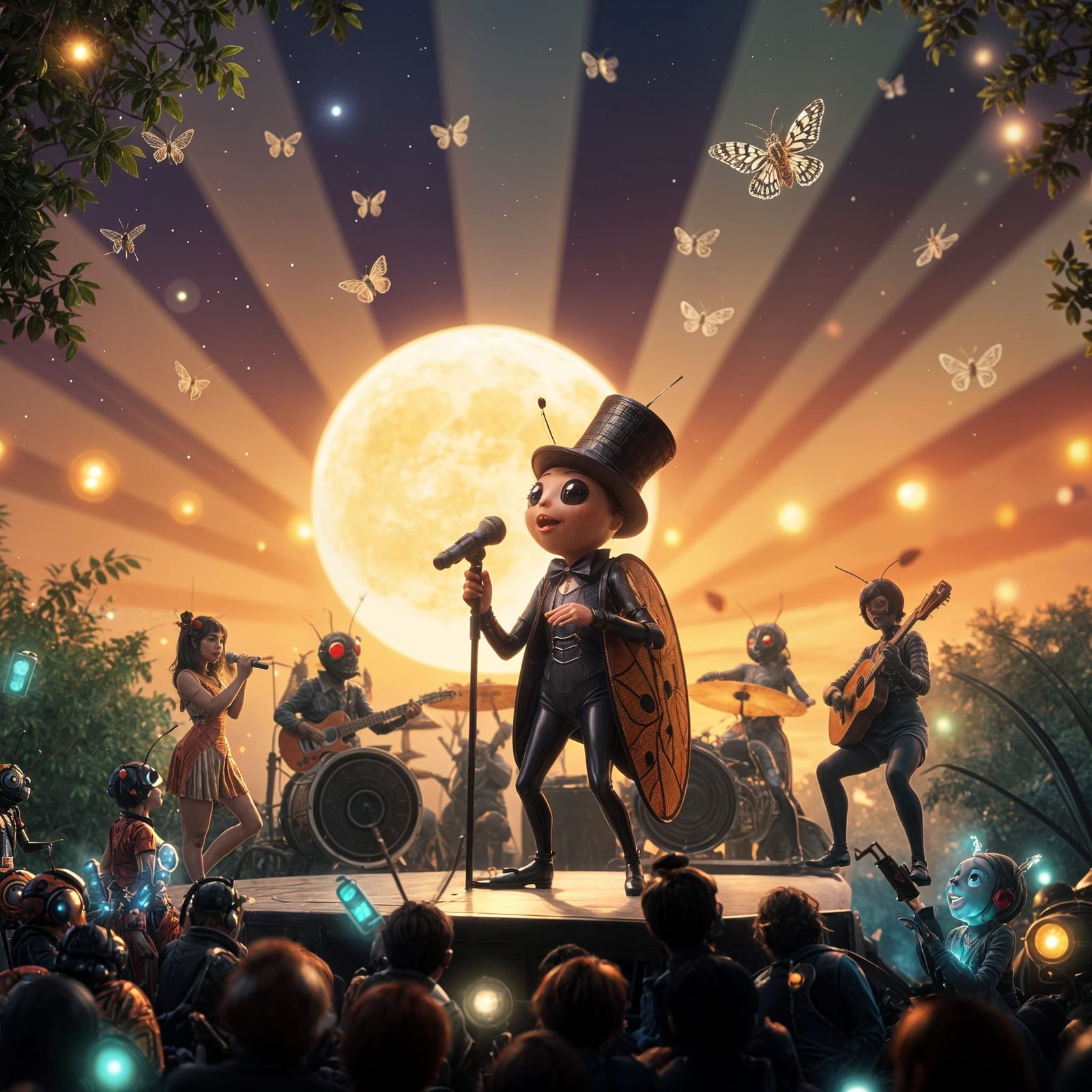 Enchanted 1920s Insect Crooner Under Moonlight