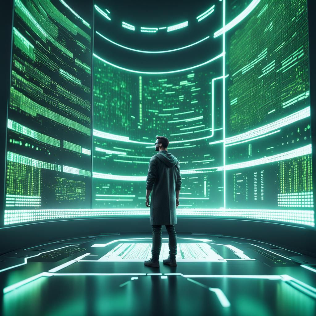 Futuristic Programmer Stares at Flowing Matrix Code